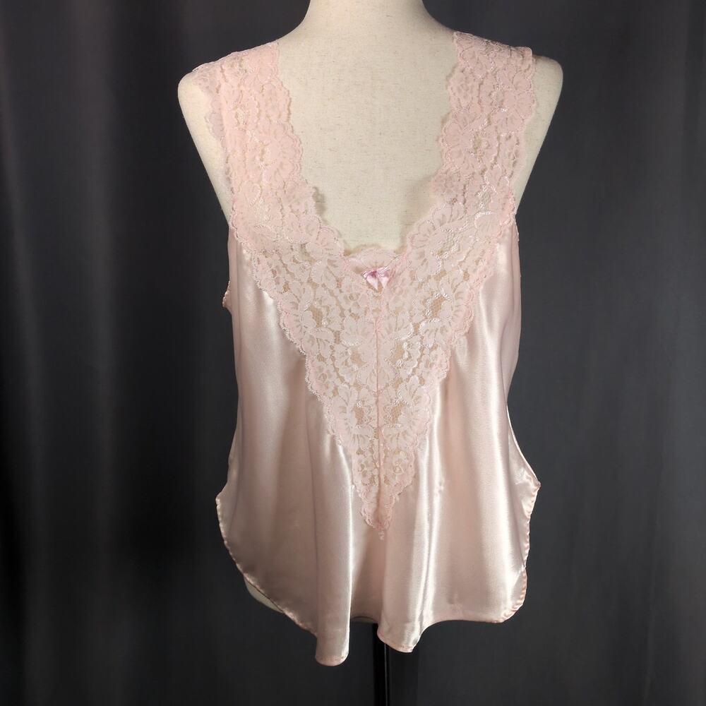 Vintage Cinema Etoile Pink Lace Satin Cami Tank Top Sleeveless Coquette Top Med